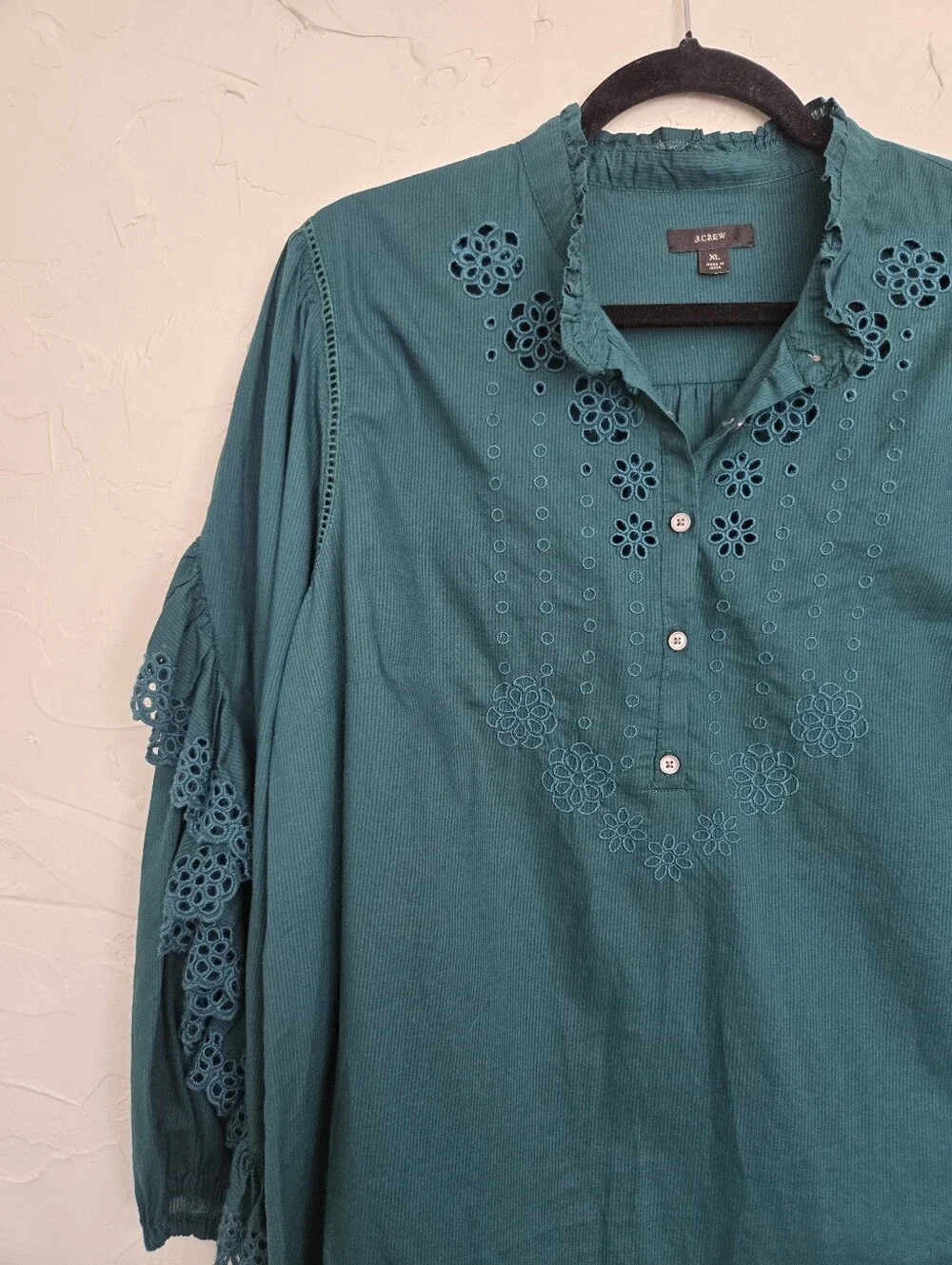 J. Crew Eyelet Ruffle Embroidered Emerald Green Top, XL